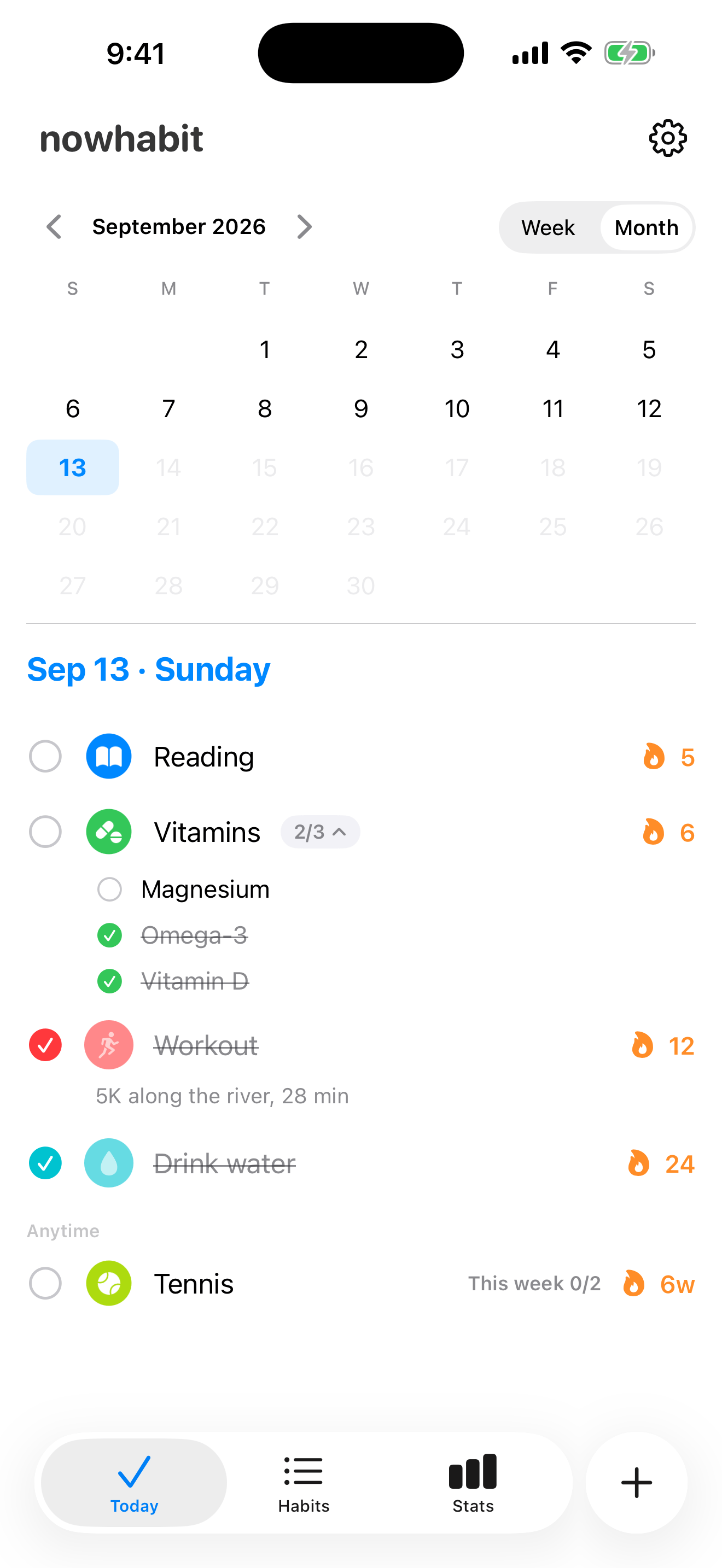 The top of Nowhabit’s Today screen: a September 2026 month calendar with today highlighted, then today’s habit checklist — Reading, Vitamins with 2 of 3 subitems done, and Workout checked with a note.